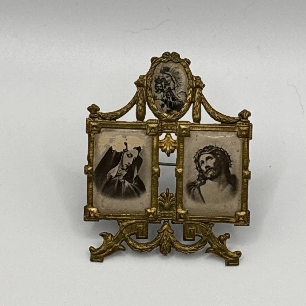 Antique German Gilt Brass Miniature Devotional Alter Frame 2.5
